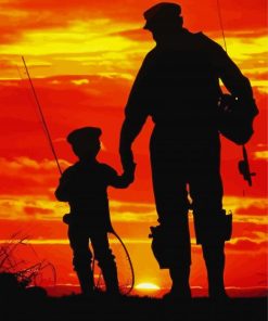 Father And Son Fishing Silhouette At Sunset Diamond Painting