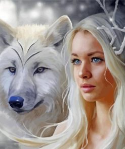 Woman With White Wolf Diamond Painting