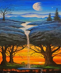 Aesthetic Moon Trees Waterfall Diamond Painting