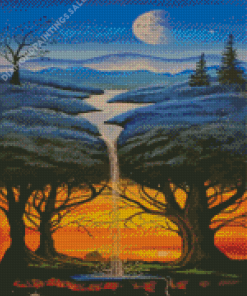 Aesthetic Moon Trees Waterfall Diamond Painting