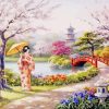Asian Lady In A Cherry Blossom Landscape Diamond Painting