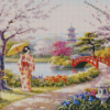 Asian Lady In A Cherry Blossom Landscape Diamond Painting