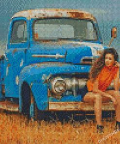 Cowgirl And Her Vintage Ford Pickup Truck Diamond Painting