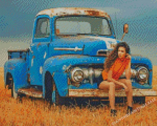 Cowgirl And Her Vintage Ford Pickup Truck Diamond Painting