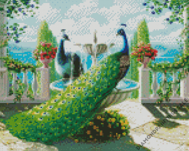 Peacock Couple On Fountain Diamond Painting