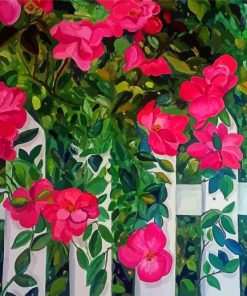 Pink Roses On A White Picket Fence Diamond Painting