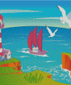 Illustration Ship And Lighthouse Diamond Painting