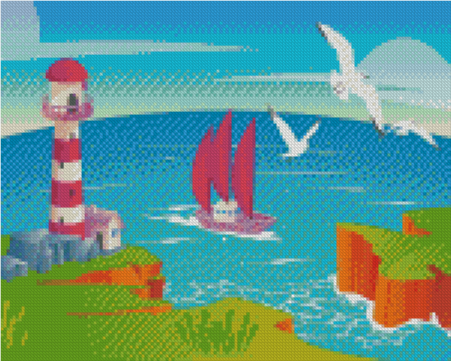 Illustration Ship And Lighthouse Diamond Painting