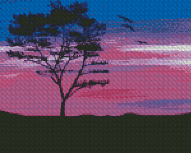 Tree Silhouette Purple Sky Diamond Painting
