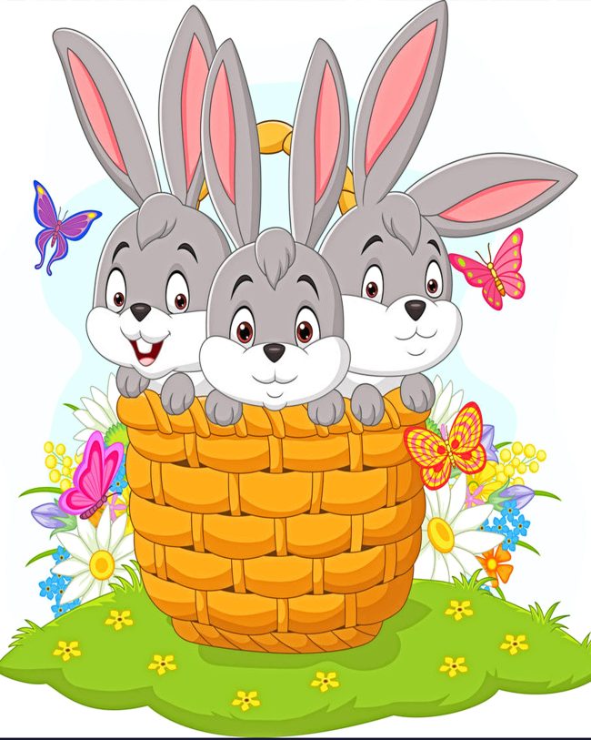 Three Bunnies Cartoon In Basket Diamond Painting