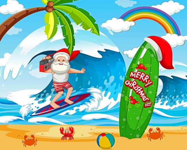 Santa Claus Surfing At The Beach Diamond Painting