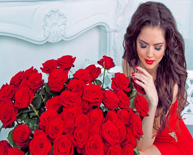 Aesthetic Girl With Red Roses Diamond Painting