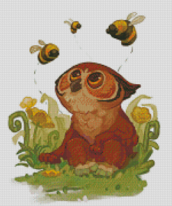 Baby Owl Bear And Bees Diamond Painting