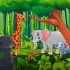 Giraffe And Elephants In The Jungle Diamond Painting