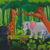 Giraffe And Elephants In The Jungle Diamond Painting