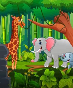 Giraffe And Elephants In The Jungle Diamond Painting