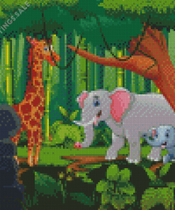 Giraffe And Elephants In The Jungle Diamond Painting