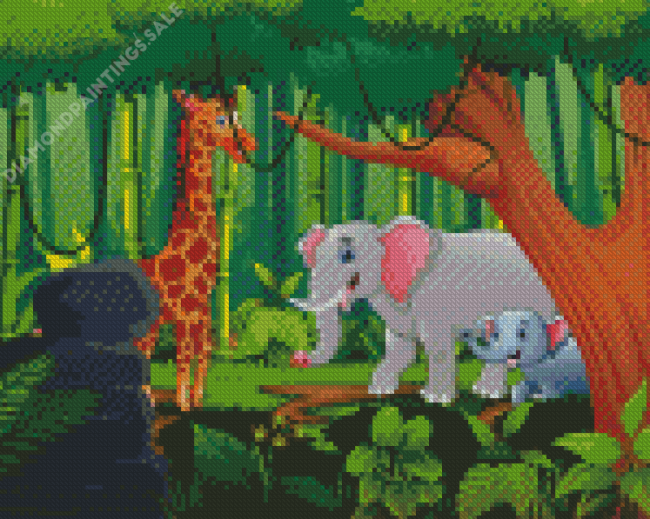 Giraffe And Elephants In The Jungle Diamond Painting