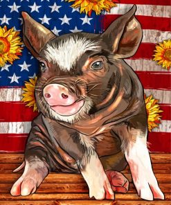 Pig With Sunflowers And US Flag Diamond Painting