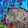 Longhair Grey Cat And Flowers Diamond Painting