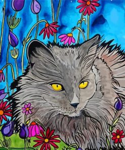 Longhair Grey Cat And Flowers Diamond Painting