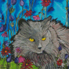 Longhair Grey Cat And Flowers Diamond Paintings