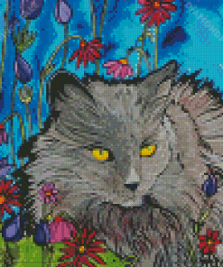Longhair Grey Cat And Flowers Diamond Paintings