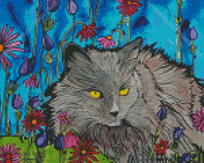 Longhair Grey Cat And Flowers Diamond Paintings