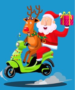 Reindeer And Santa With Motorcycle Diamond Painting