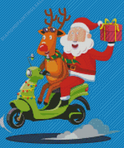 Reindeer And Santa With Motorcycle Diamond Paintings