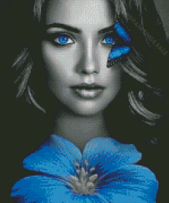 Black And White Blue Eyed Lady And Butterfly Diamond Paintings