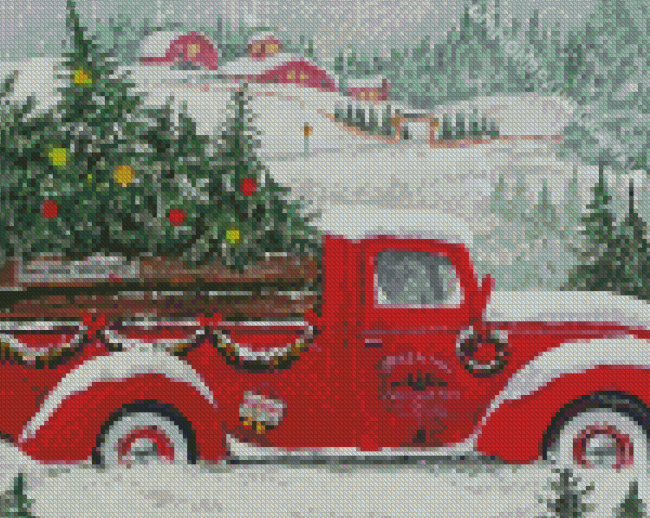 Christmas Red Pickup Truck Diamond Paintings