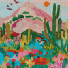 Colorful Abstract Cactus Near Mountain Diamond Paintings
