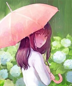 Anime Girl With Pink Umbrella With Rain Diamond Painting