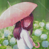 Anime Girl With Pink Umbrella With Rain Diamond Paintings