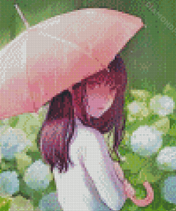 Anime Girl With Pink Umbrella With Rain Diamond Paintings