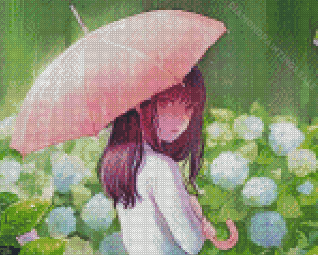 Anime Girl With Pink Umbrella With Rain Diamond Paintings