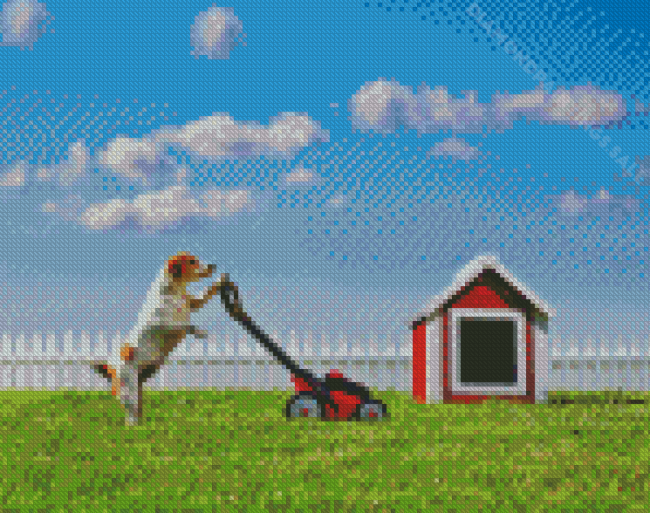 Dog Mowing Grass Diamond Paintings