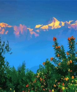 Himalayas At Sunset With Flowers Diamond Painting