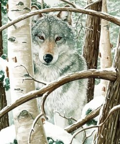 Snow Wolf Among Birches Diamond Painting