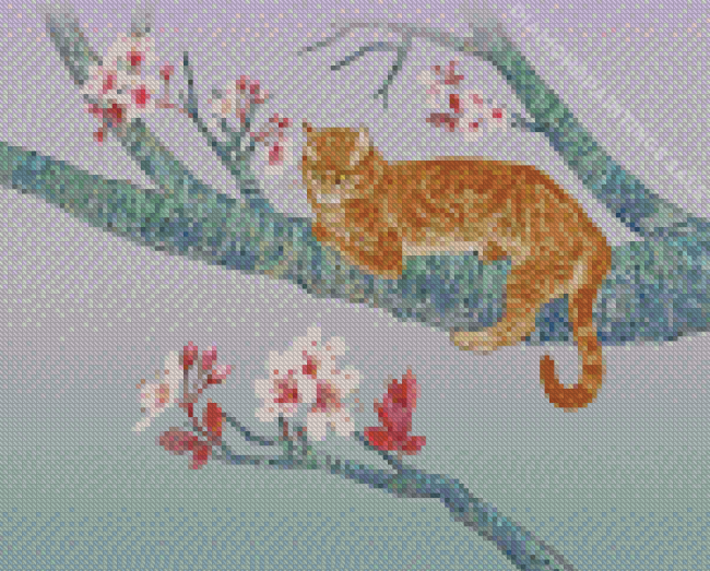 Tabby Cat In Cherry Tree Diamond Paintings