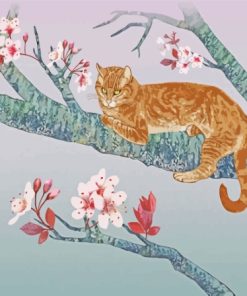 Tabby Cat In Cherry Tree Diamond Painting