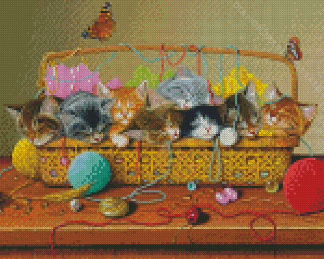 Kittens With Yarn Basket Diamond Paintings