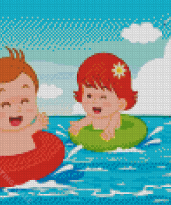 Boy And Girl Swimming In Sea Diamond Paintings