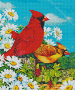 Springtime Cardinals And Daisies Diamond Paintings