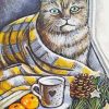 Winter Cat With Coffee Diamond Painting