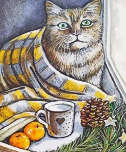 Winter Cat With Coffee Diamond Painting