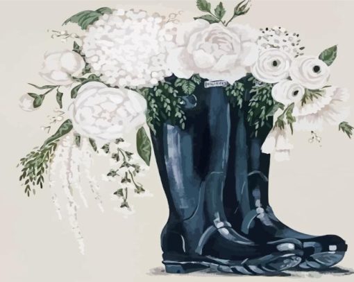 Black Rain Boots And White Peonies Diamond Painting