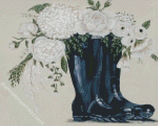 Black Rain Boots And White Peonies Diamond Painting