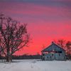 Pink Sunset Barn Snow Diamond Painting